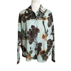 Tela Boxy Oversized  Button Front‎  Collared Shirt Cotton Blue Brown Print Small
